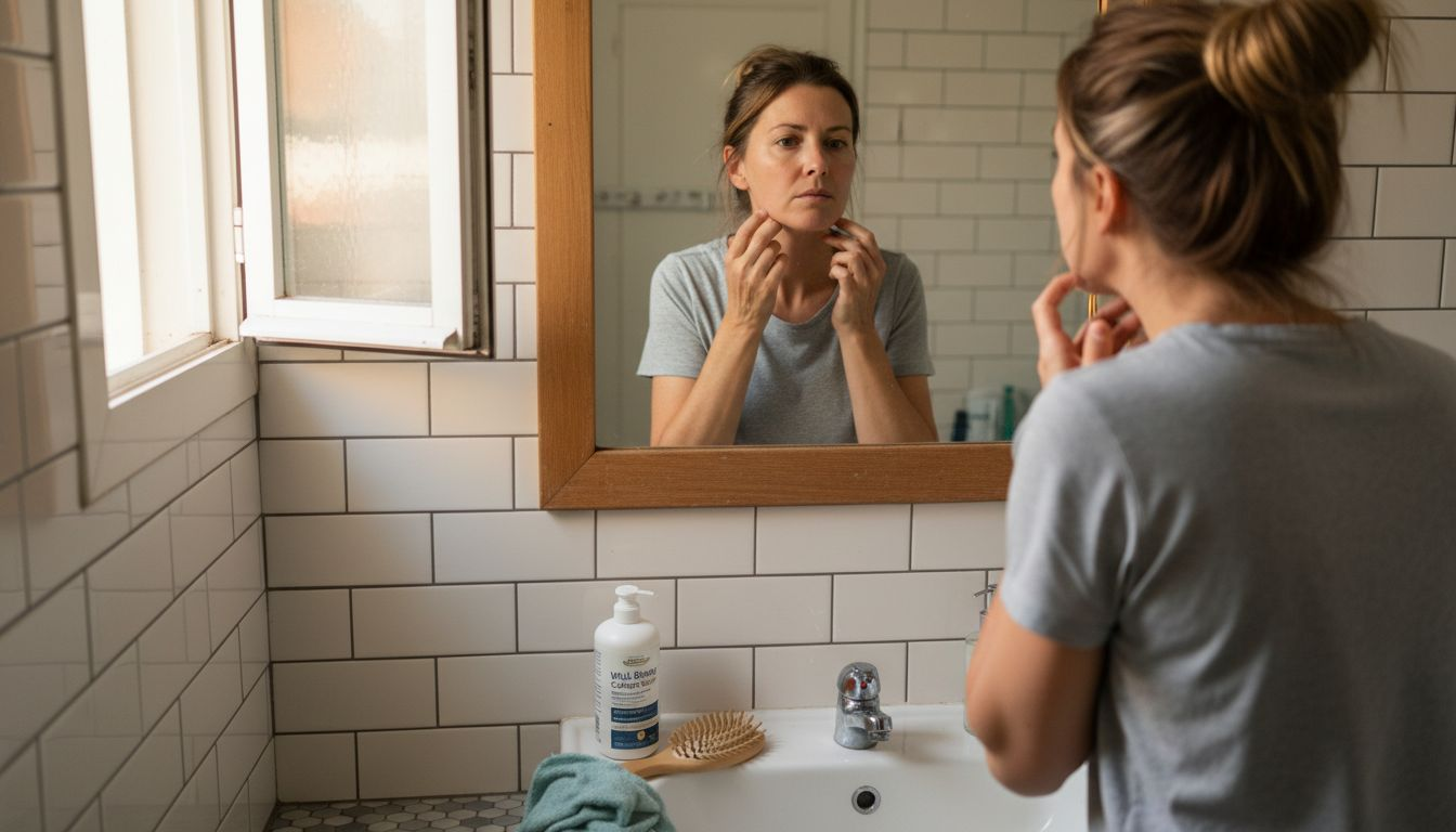 Woman examines skin for collagen benefits