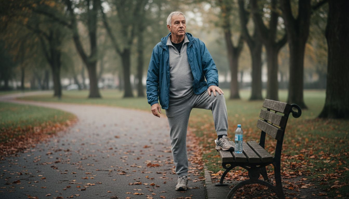 Older man stretching knee on park trail