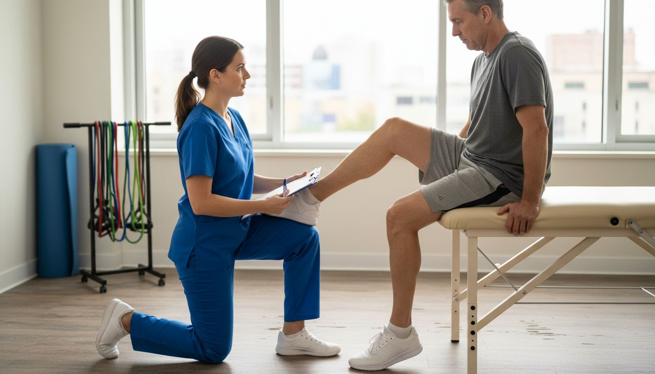 Physical therapist checking patient leg flexibility
