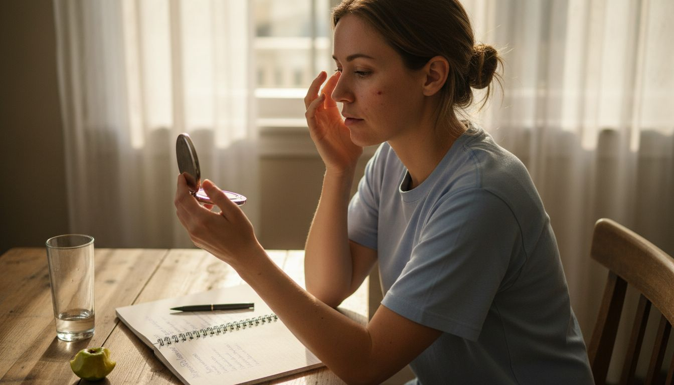 Woman examining skin at breakfast table