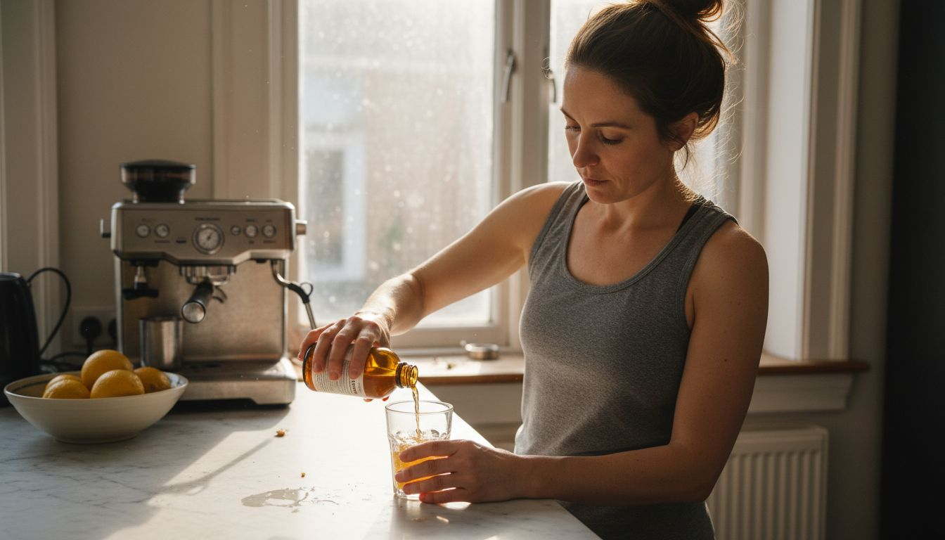 Woman pours liquid supplement at kitchen island
