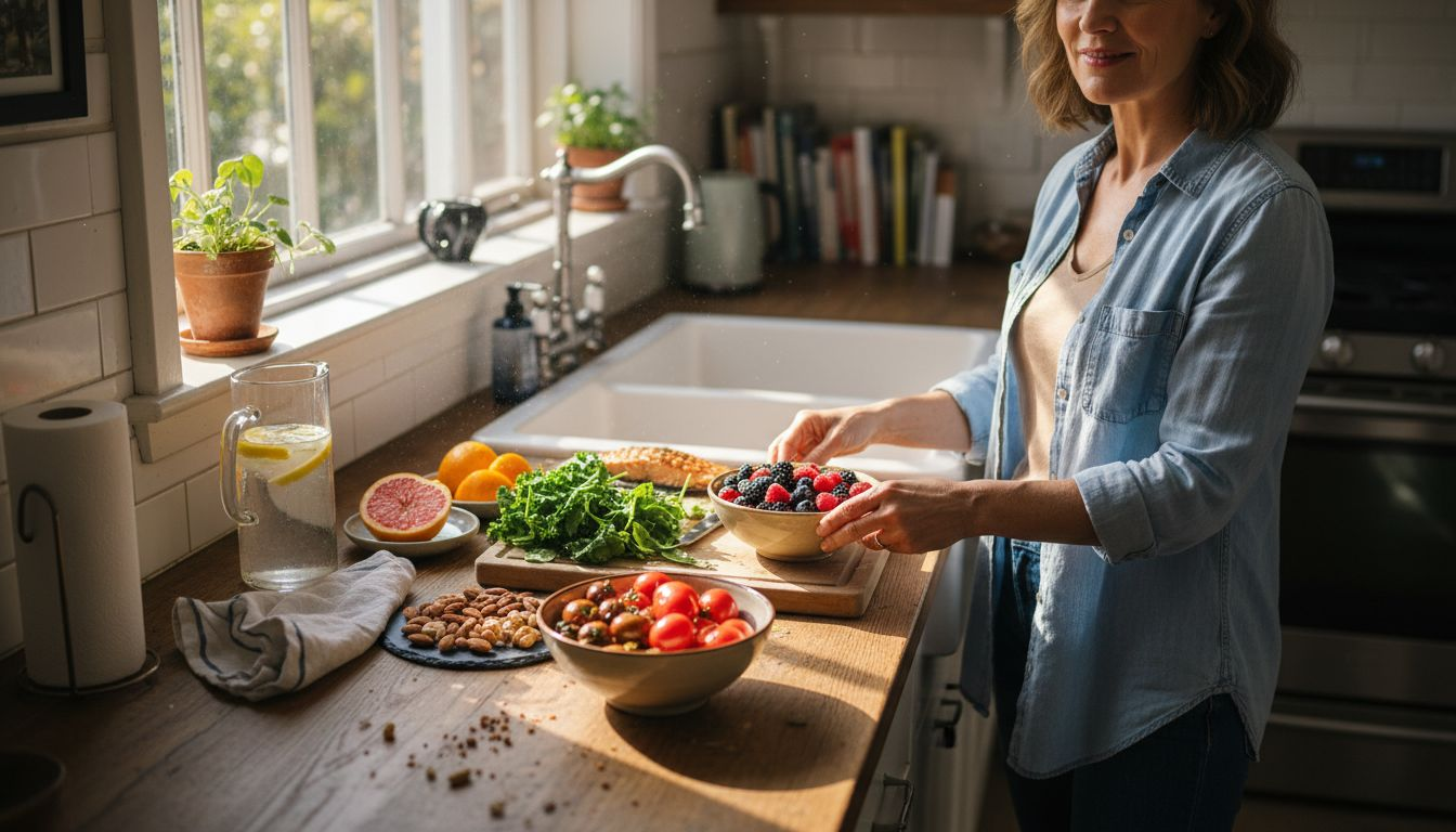 Woman prepping antioxidant foods on kitchen counter