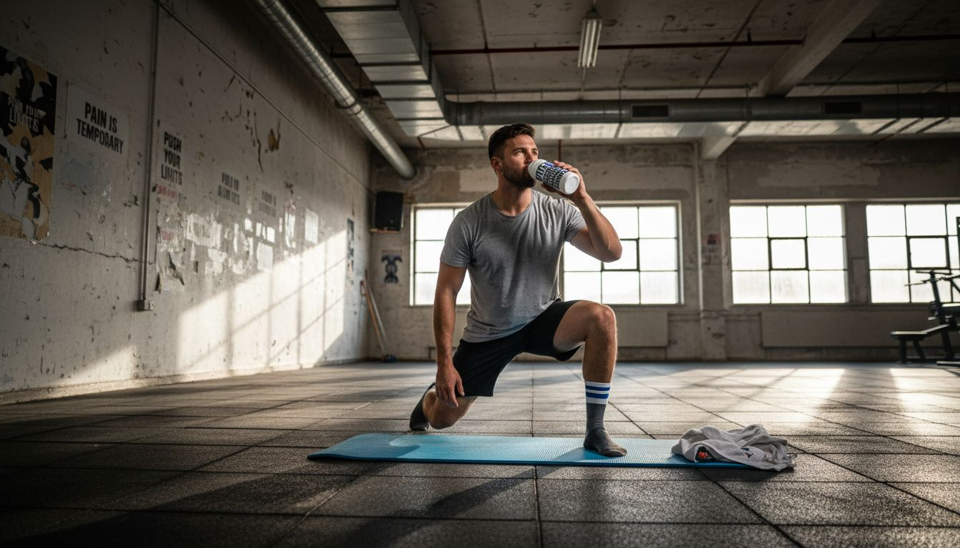 Athlete stretching with collagen shake in gym