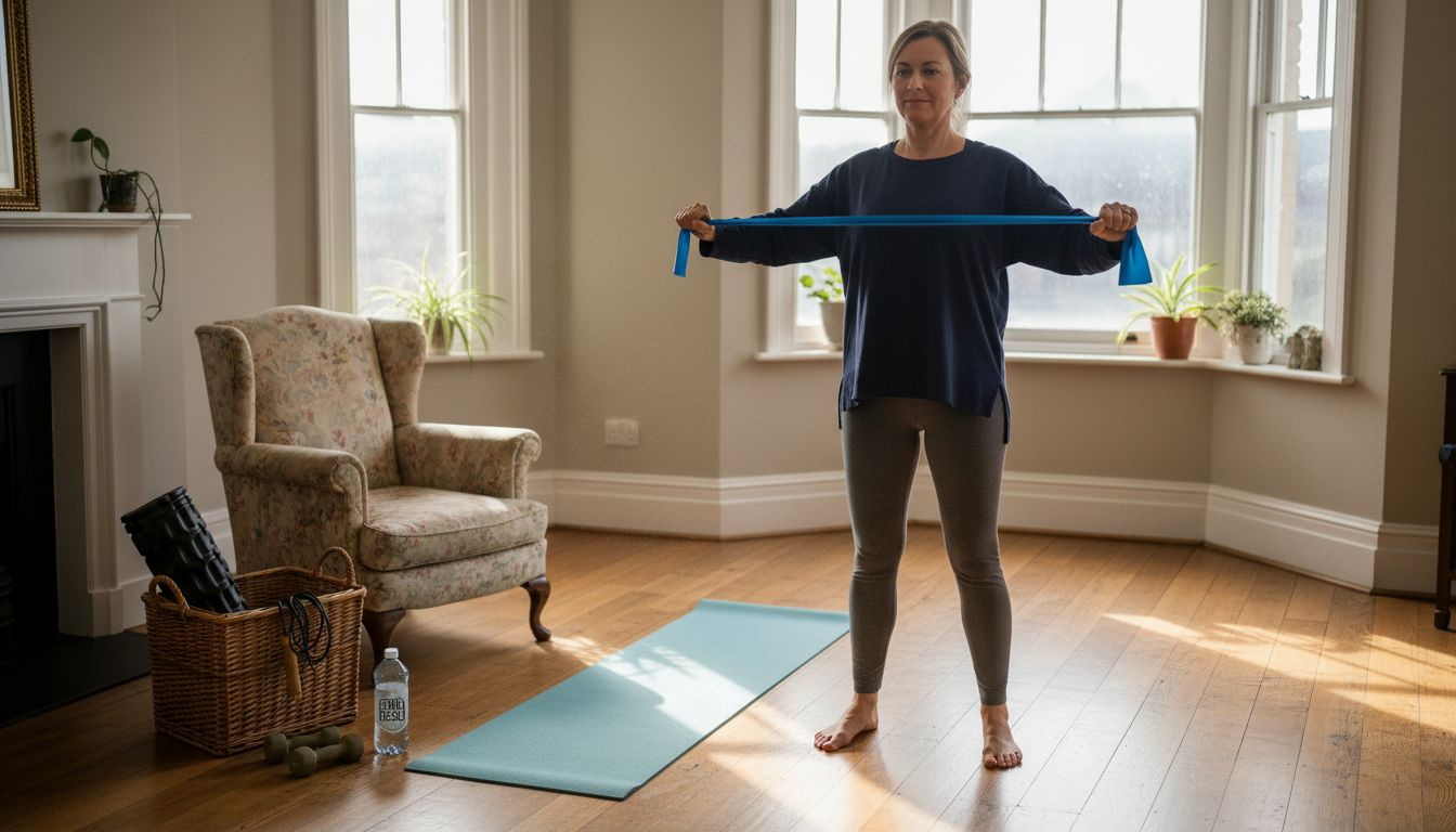 Woman exercising in sunlit home for bone strength
