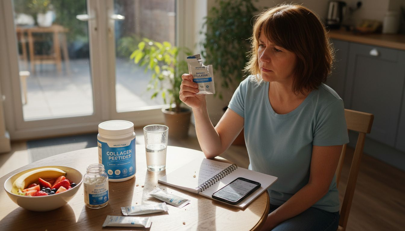 Woman reviewing collagen supplements at kitchen table