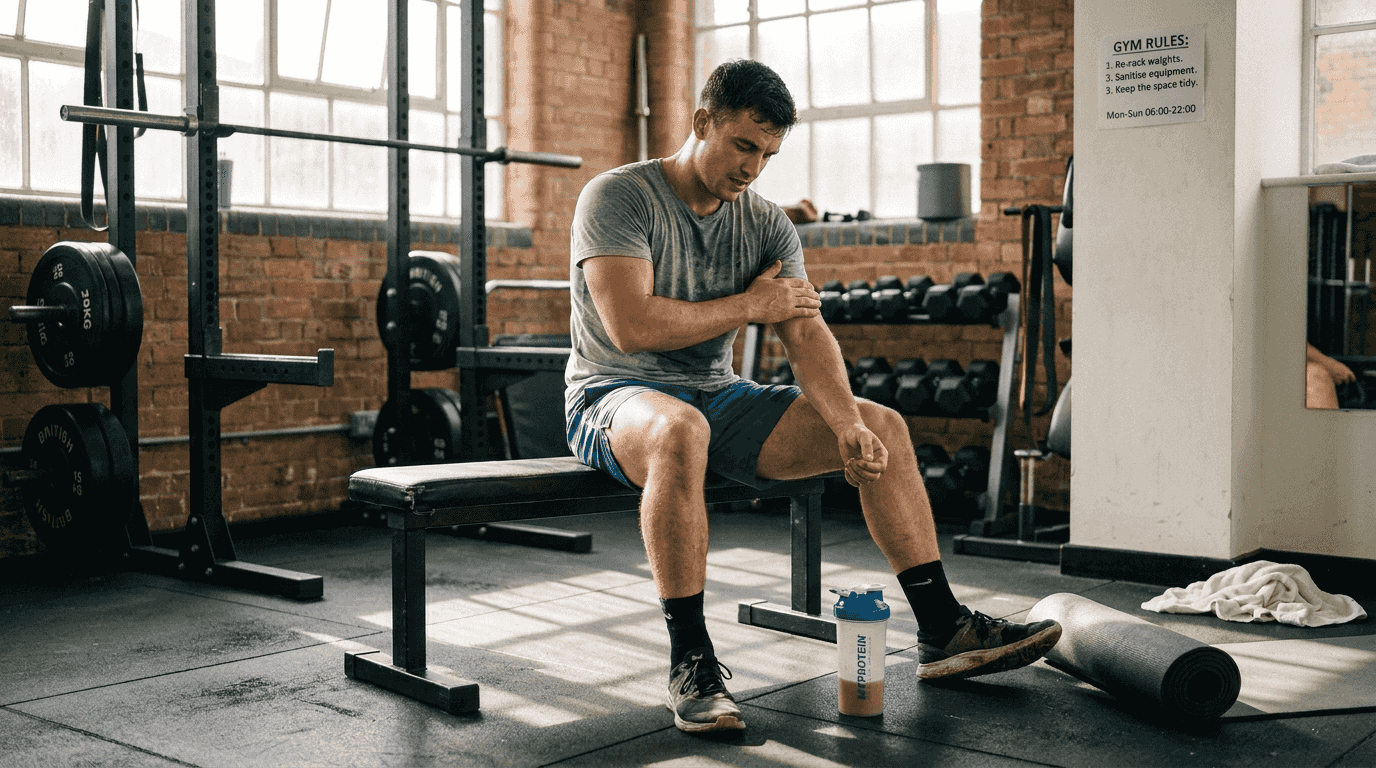 Man in gym recovering with protein shake