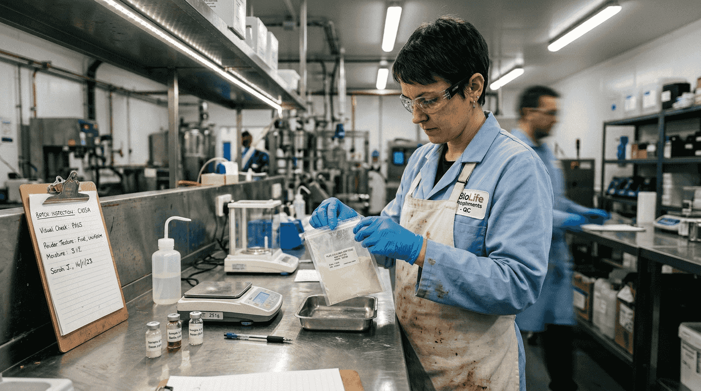 Quality technician checking collagen supplement batch