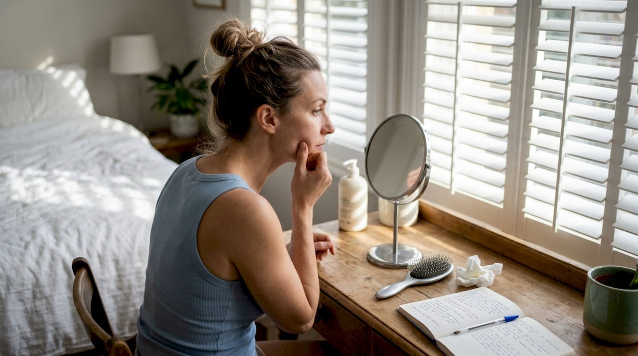 Woman checking face at vanity in morning