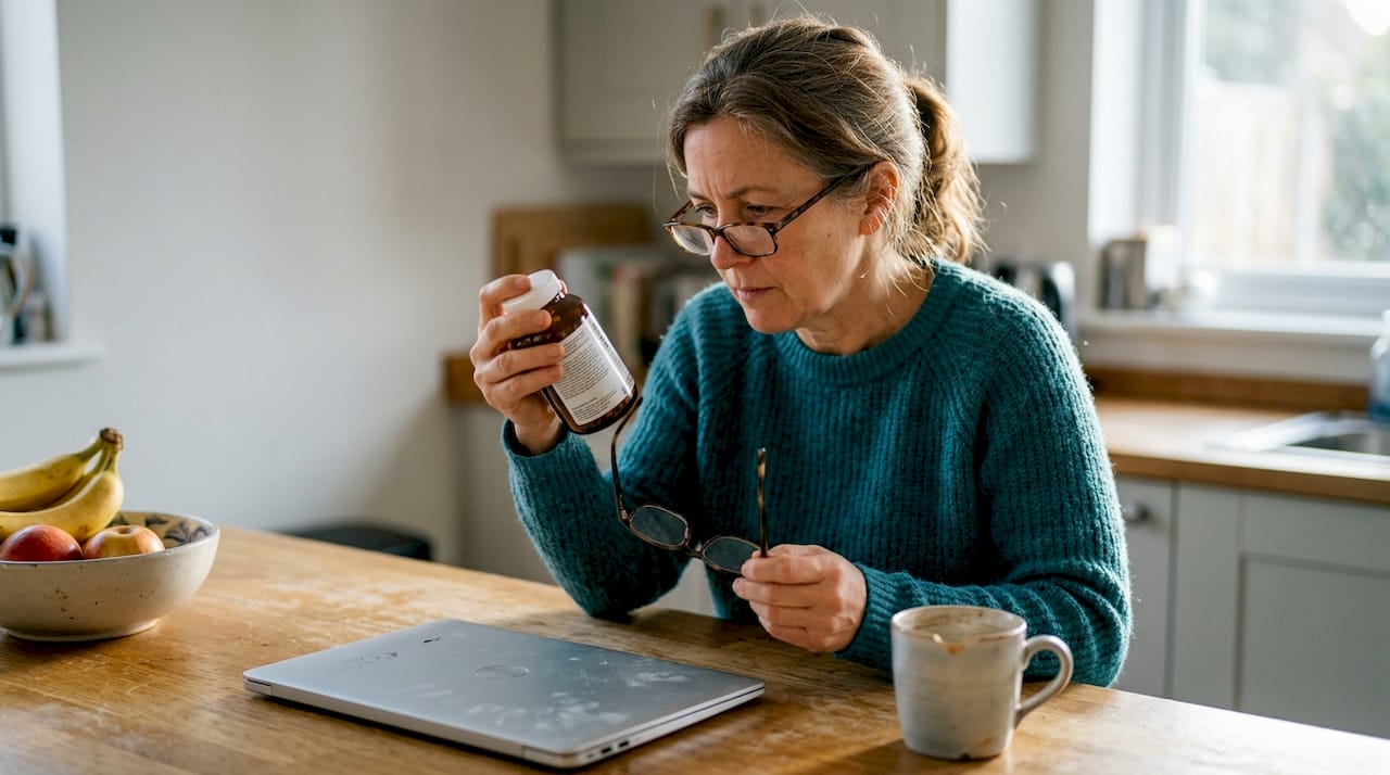 Pharmacist reading supplement label in kitchen