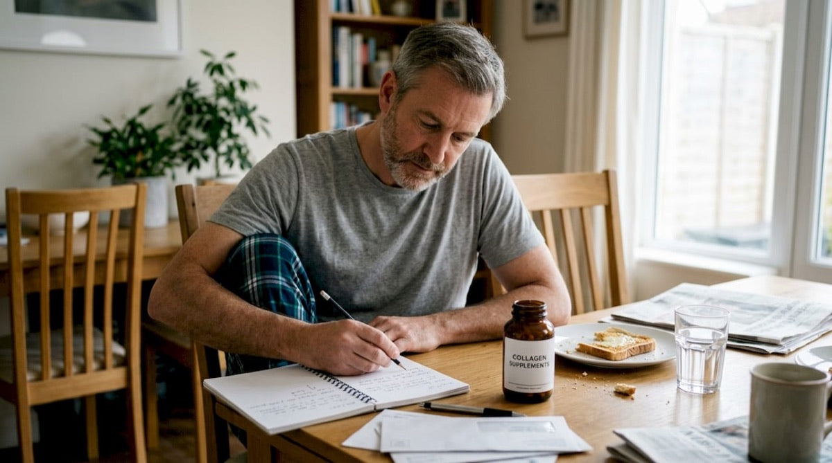 Man tracking his daily collagen intake in a journal