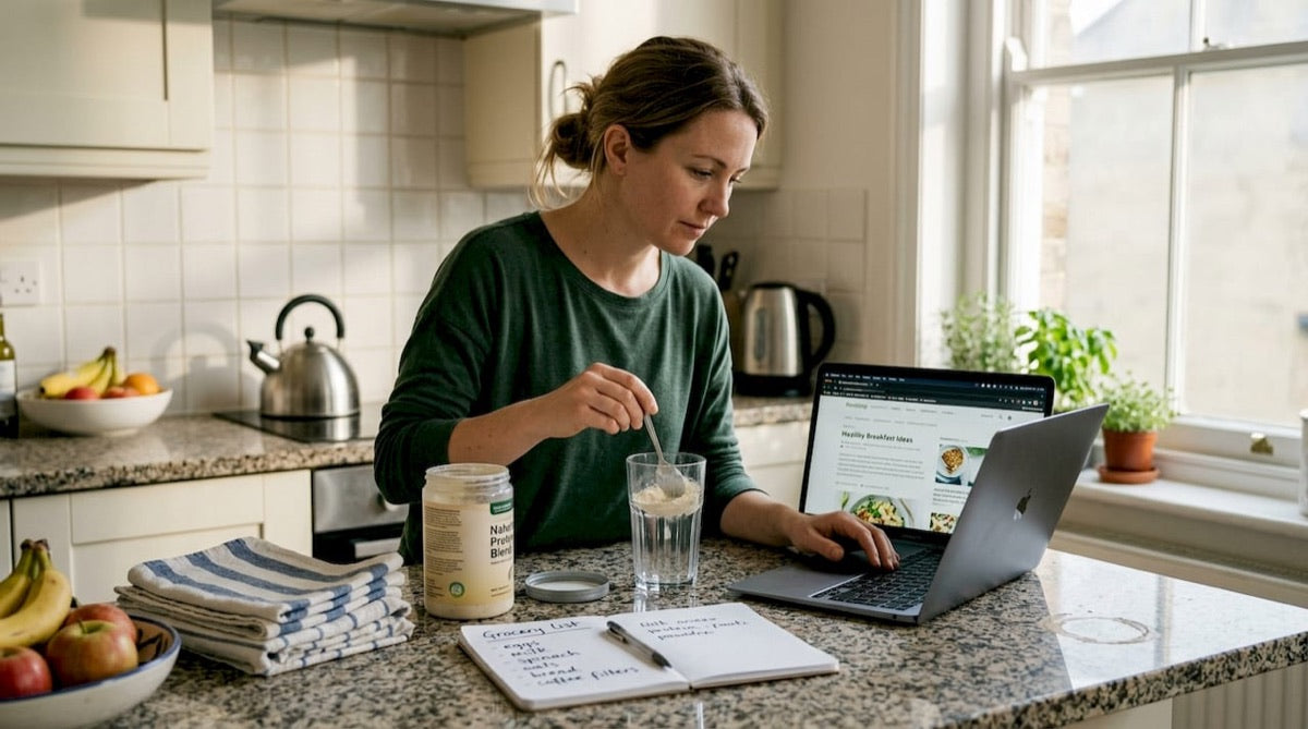 Woman preparing collagen with fruit in a sunny kitchen