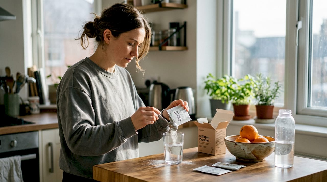 Woman preparing daily collagen in kitchen
