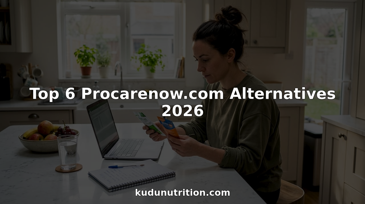 Woman comparing supplement sachets at kitchen counter