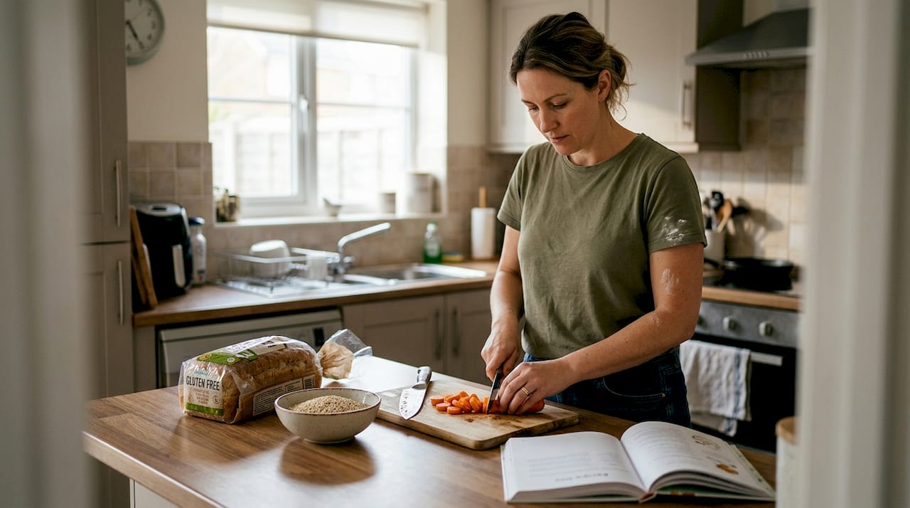 Woman preparing gluten-free meal at home