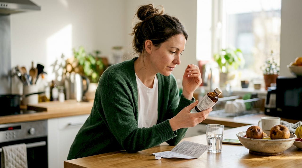 Woman examines liquid collagen label in kitchen