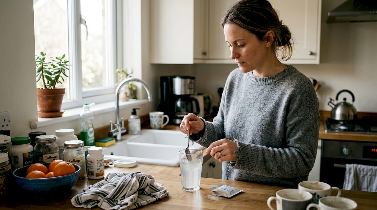 Woman mixing collagen supplement in kitchen