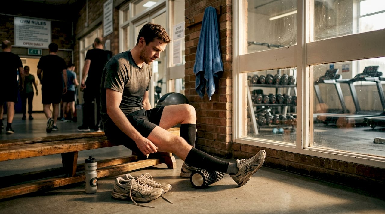 Runner massaging calf after workout in gym foyer