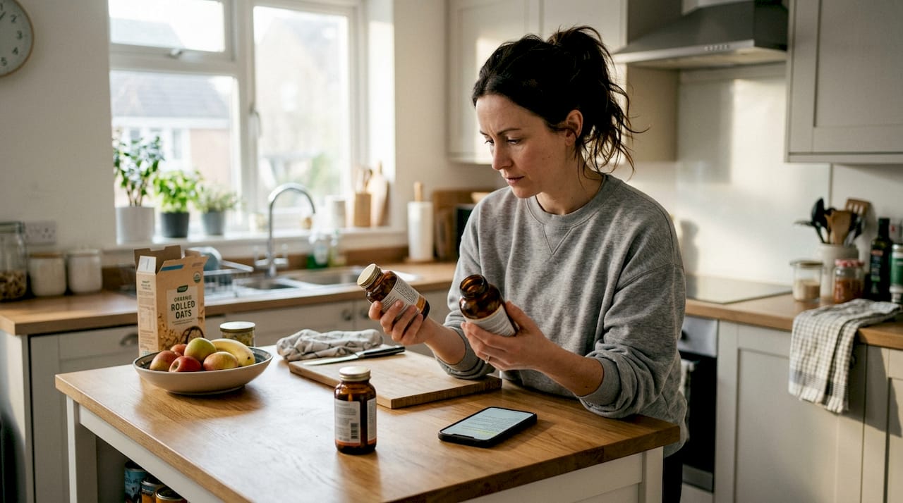 Woman comparing gut health supplements in kitchen