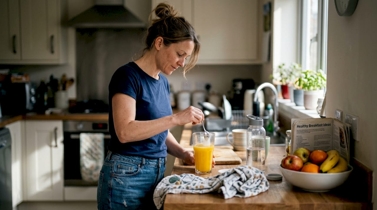 Woman mixing collagen into juice in kitchen