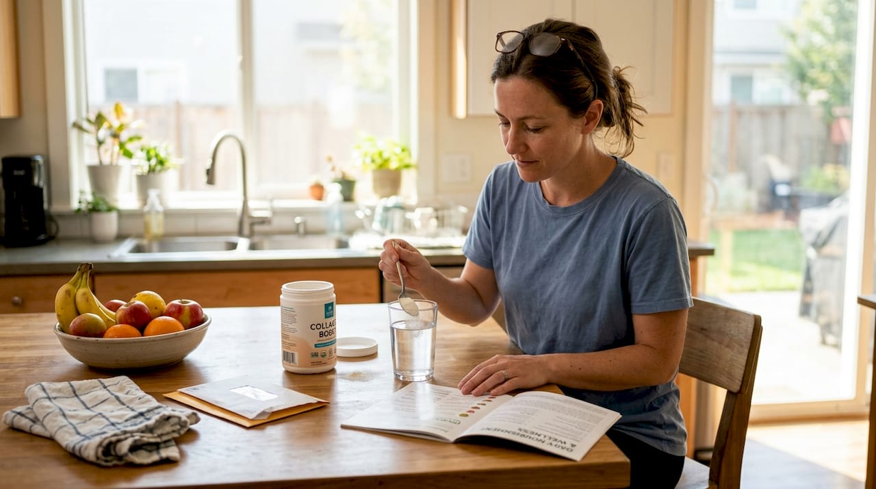 Woman preparing collagen drink reading guide