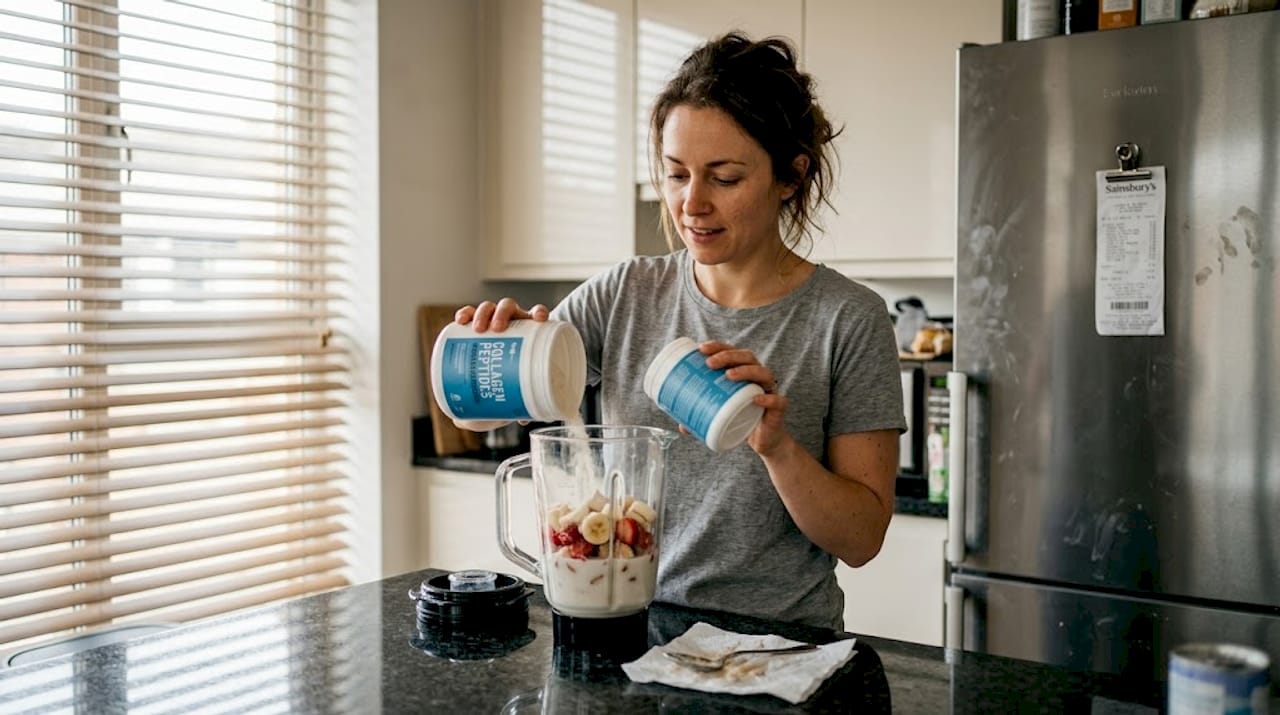 Woman mixing collagen in home kitchen setting