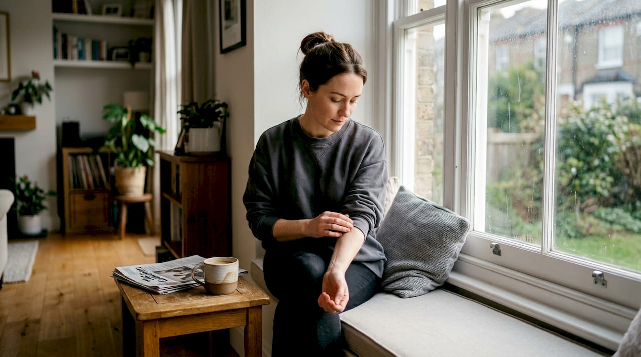 Woman examining skin by window natural light
