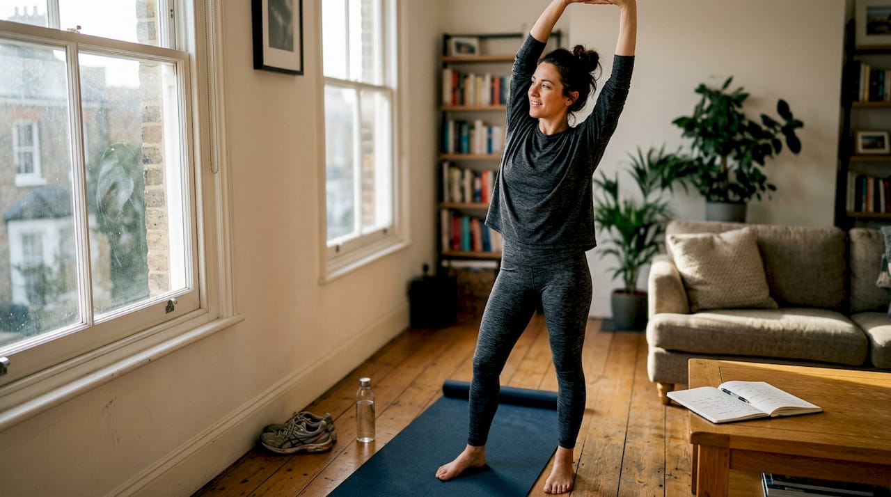 Woman stretches in bright living room before exercise