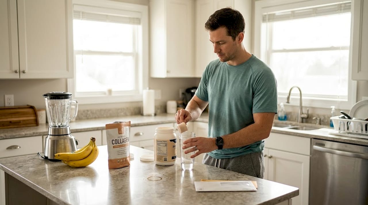 Man preparing protein shake in home kitchen