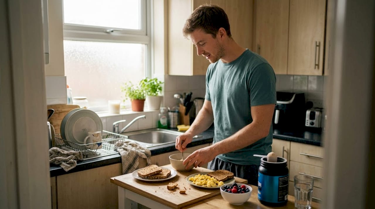 Man prepares protein breakfast in small kitchen