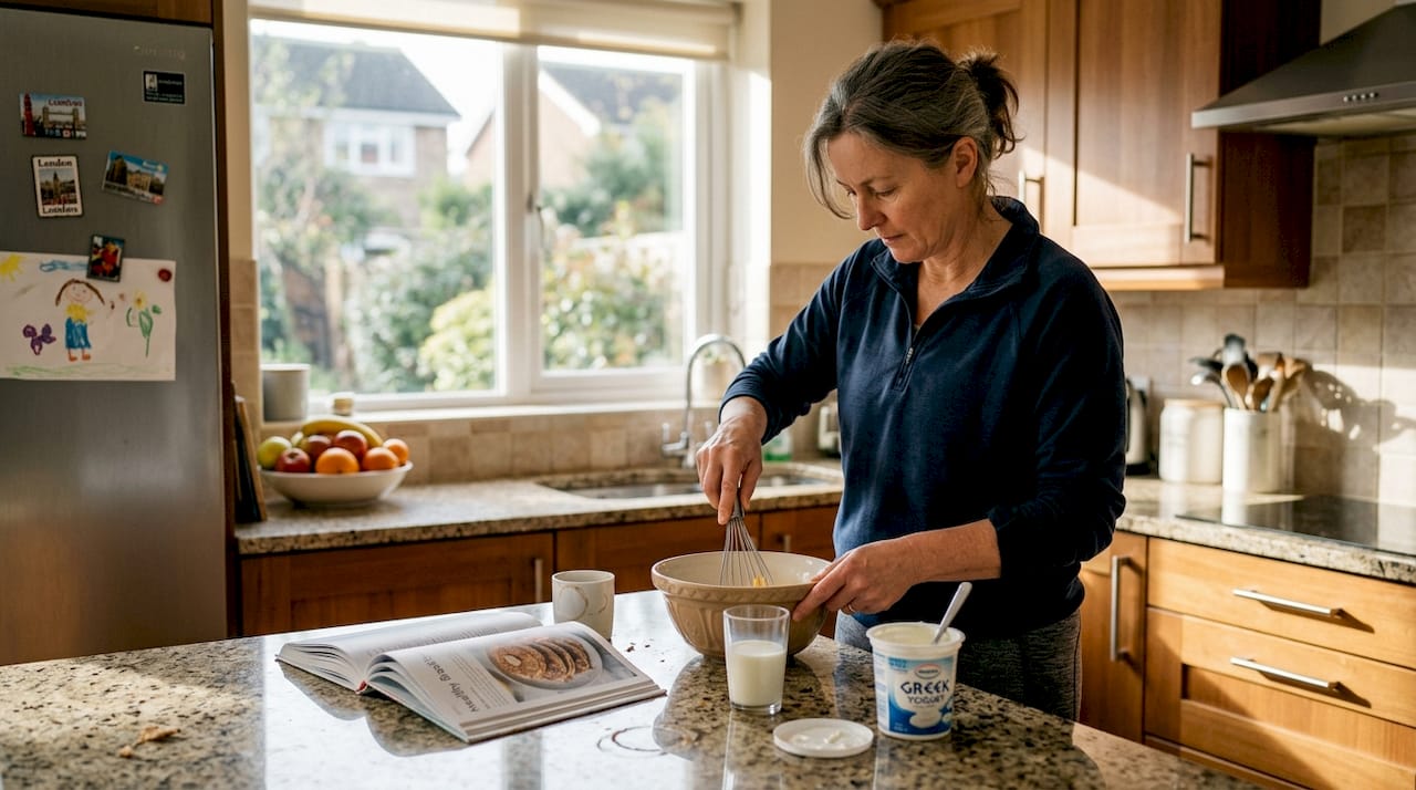 Woman preparing high-protein breakfast at kitchen counter