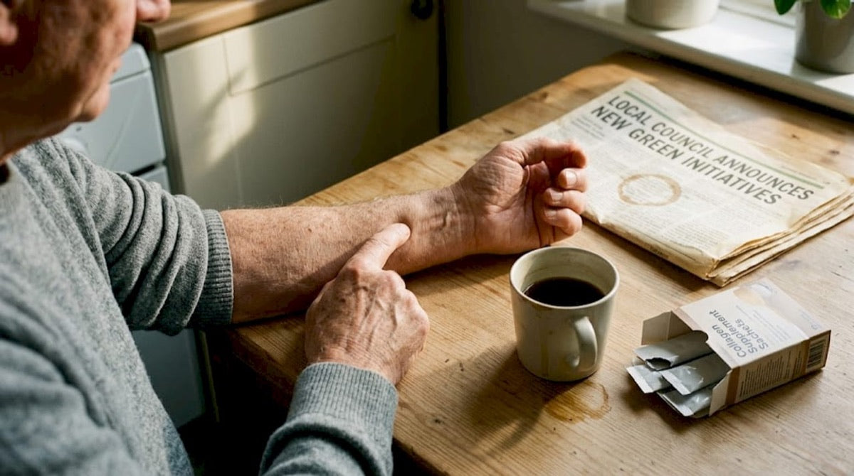 Man in his fifties checking skin elasticity on his forearm
