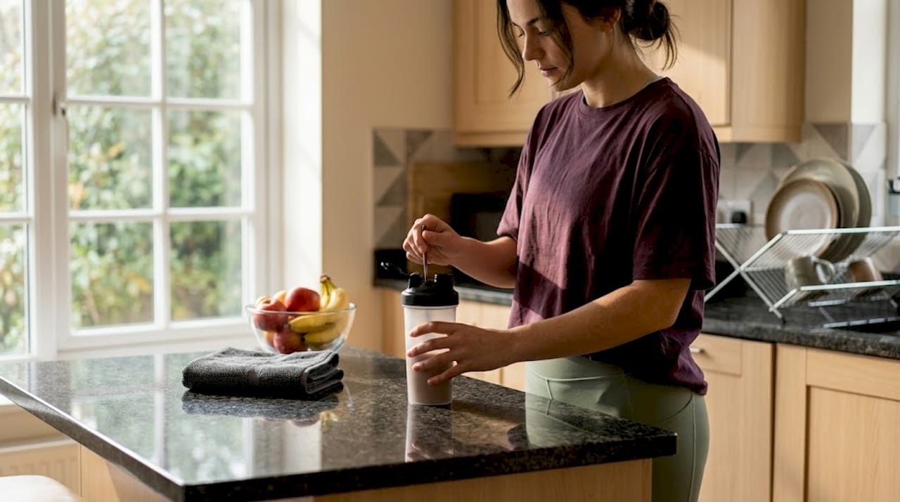 Woman preparing protein shake post-workout
