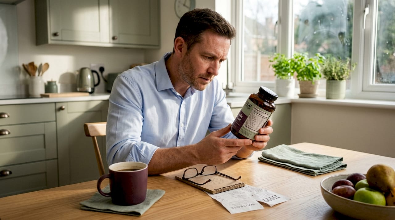 Man reading supplement label at kitchen table