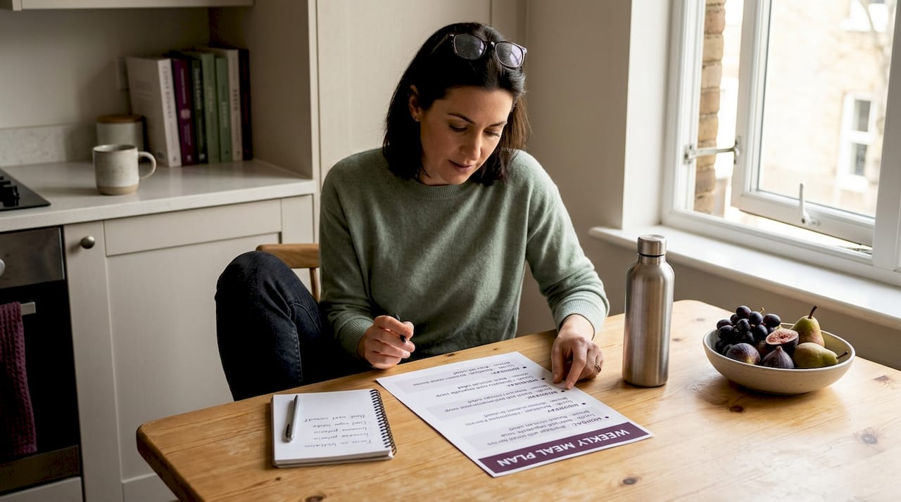 Nutritionist reviewing meal plan in sunlit kitchen