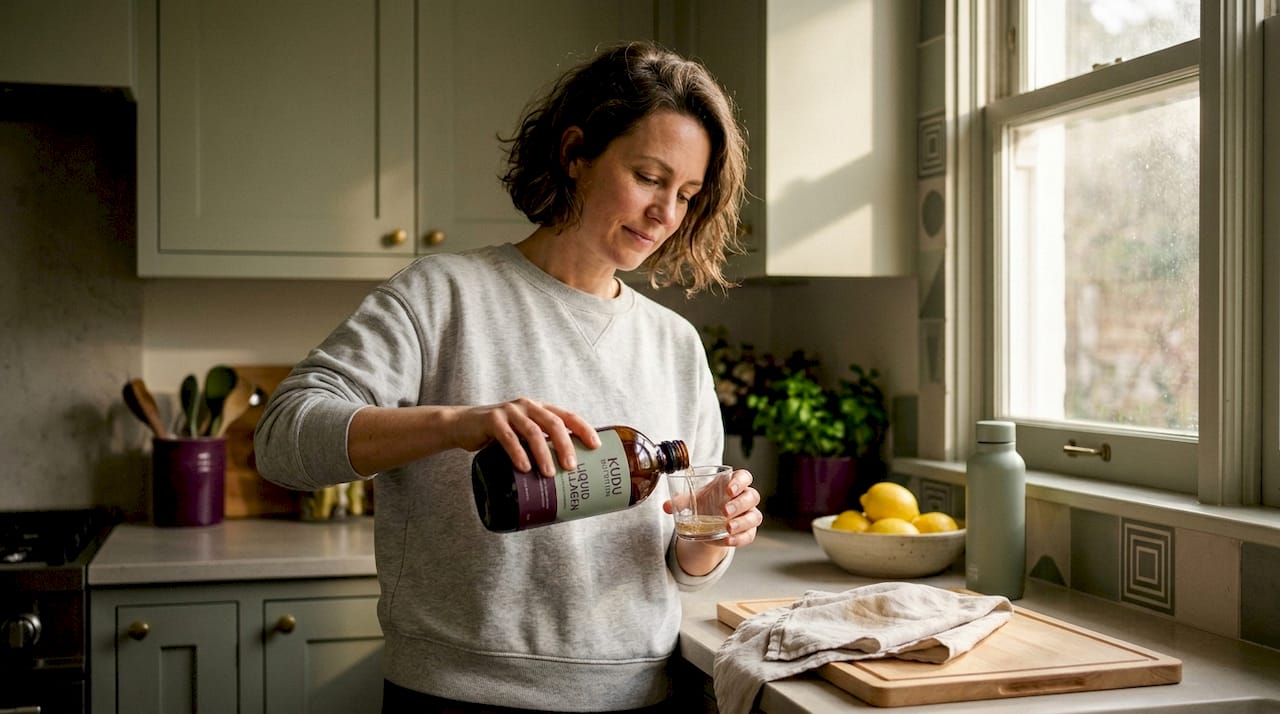 Pouring liquid collagen at kitchen counter