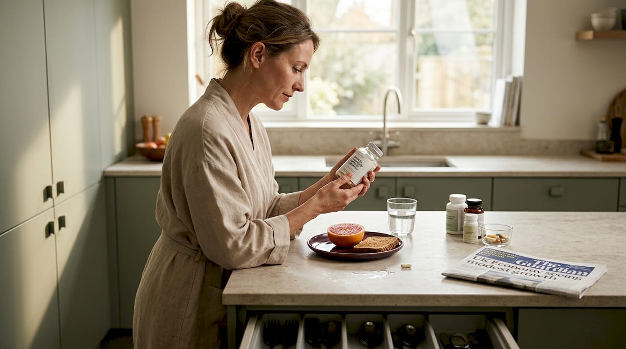 Woman preparing morning supplements in kitchen