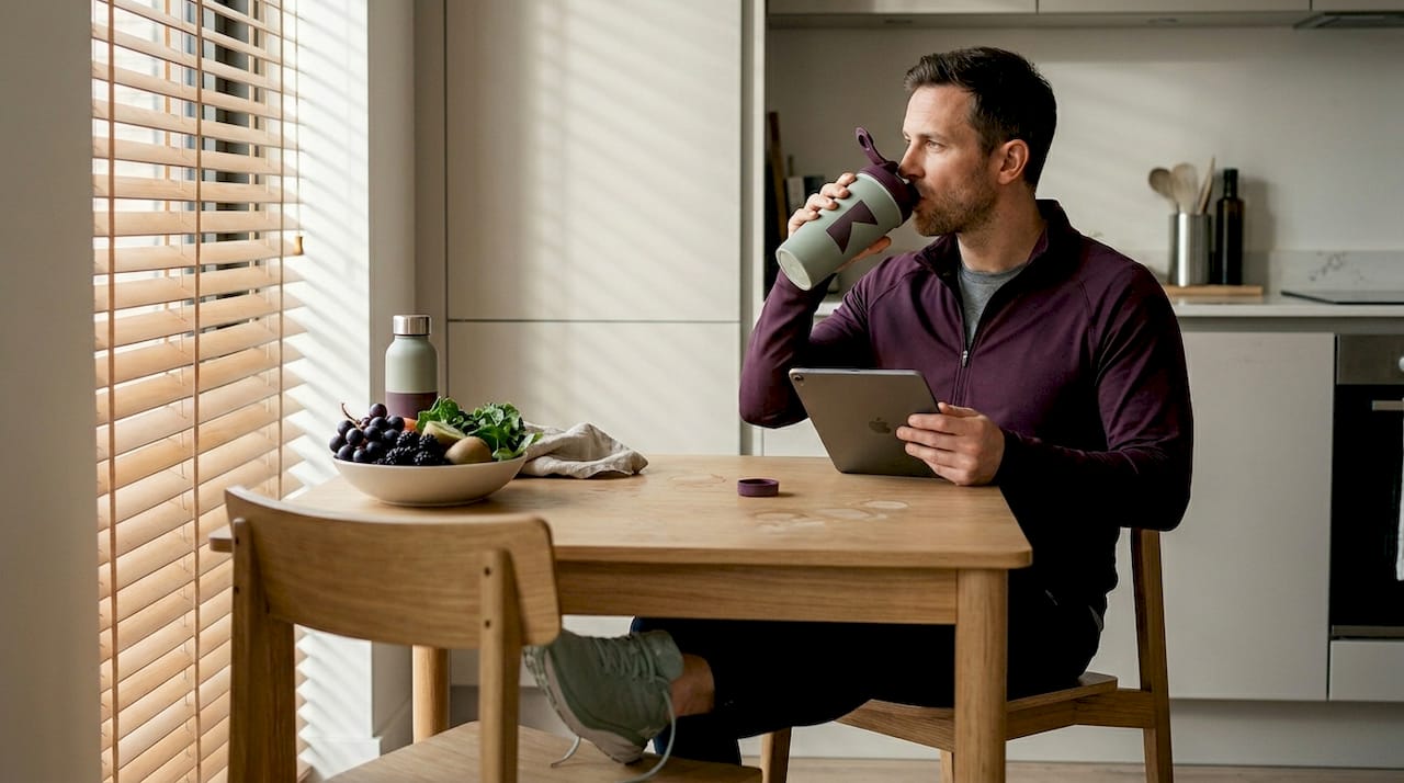 Man planning nutrition with protein shake kitchen