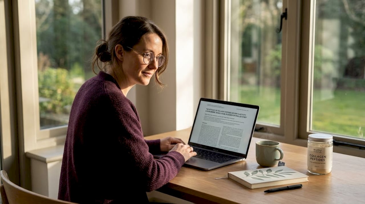 Nutritionist reading collagen protein research at desk