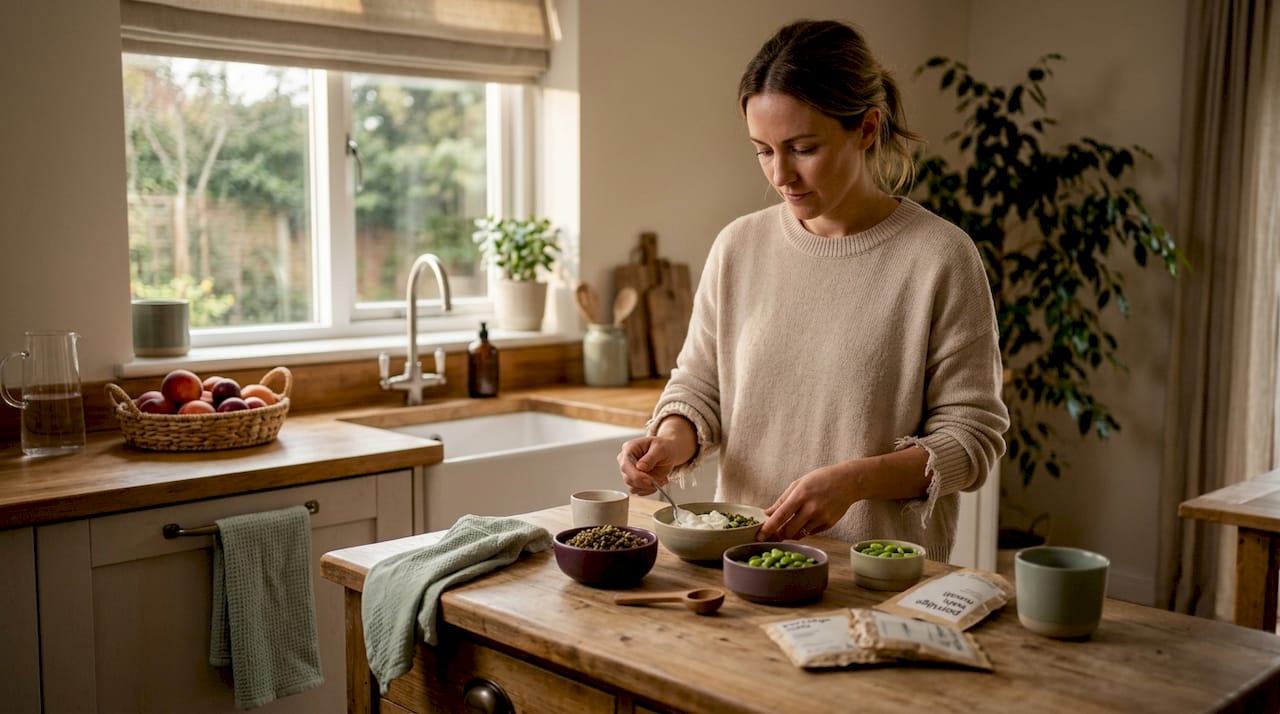 Woman preparing gut-friendly protein bowl in kitchen