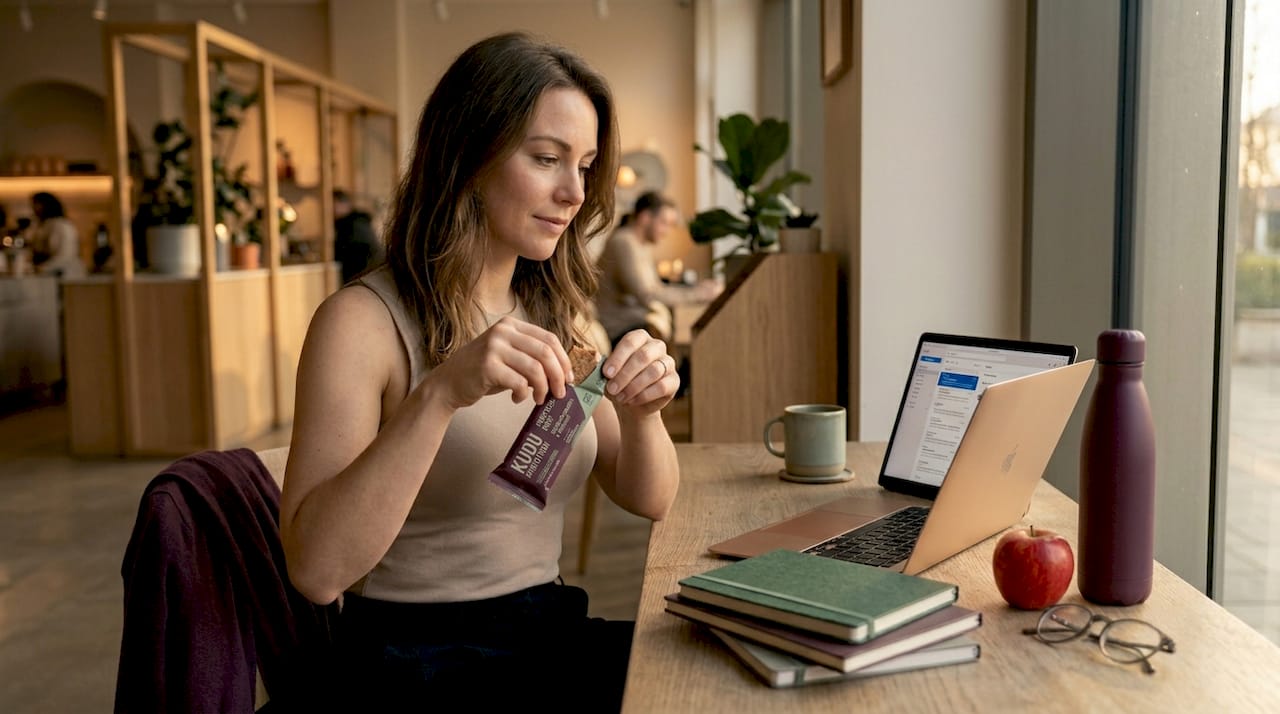 Woman eating snack while working at desk