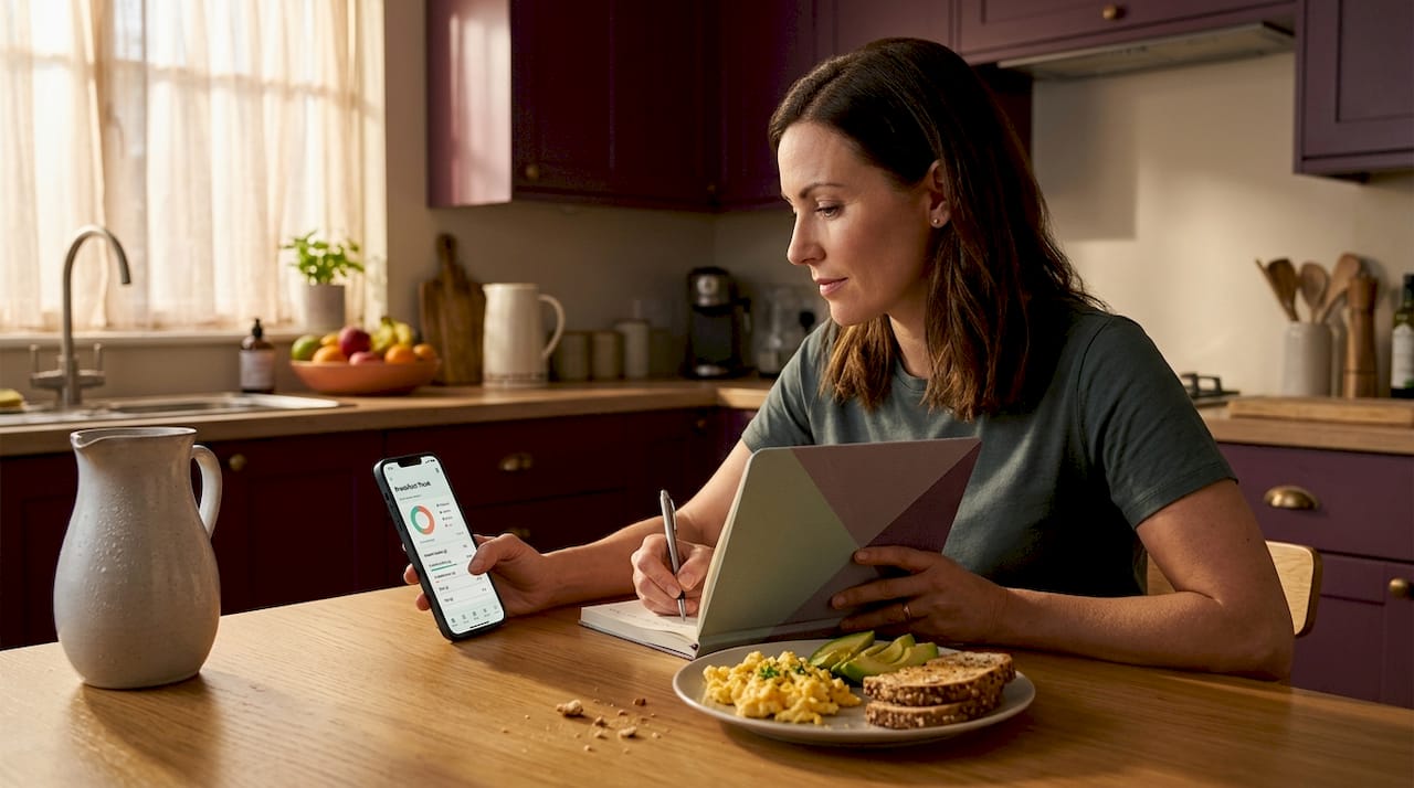 Woman tracking protein intake in kitchen