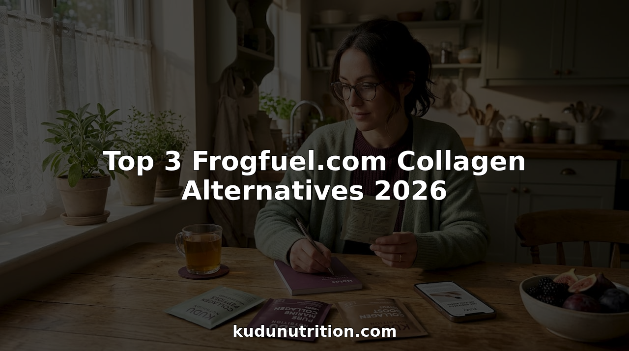Woman comparing collagen supplement sachets at kitchen table
