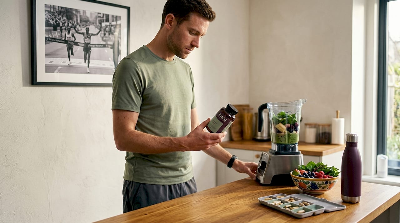 Runner reading supplement bottle at kitchen counter