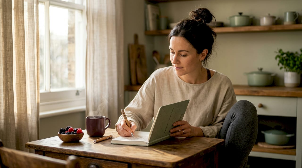 Woman tracking wellness in casual kitchen setting