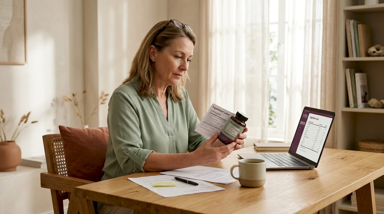 Woman reading ingredient label at home desk