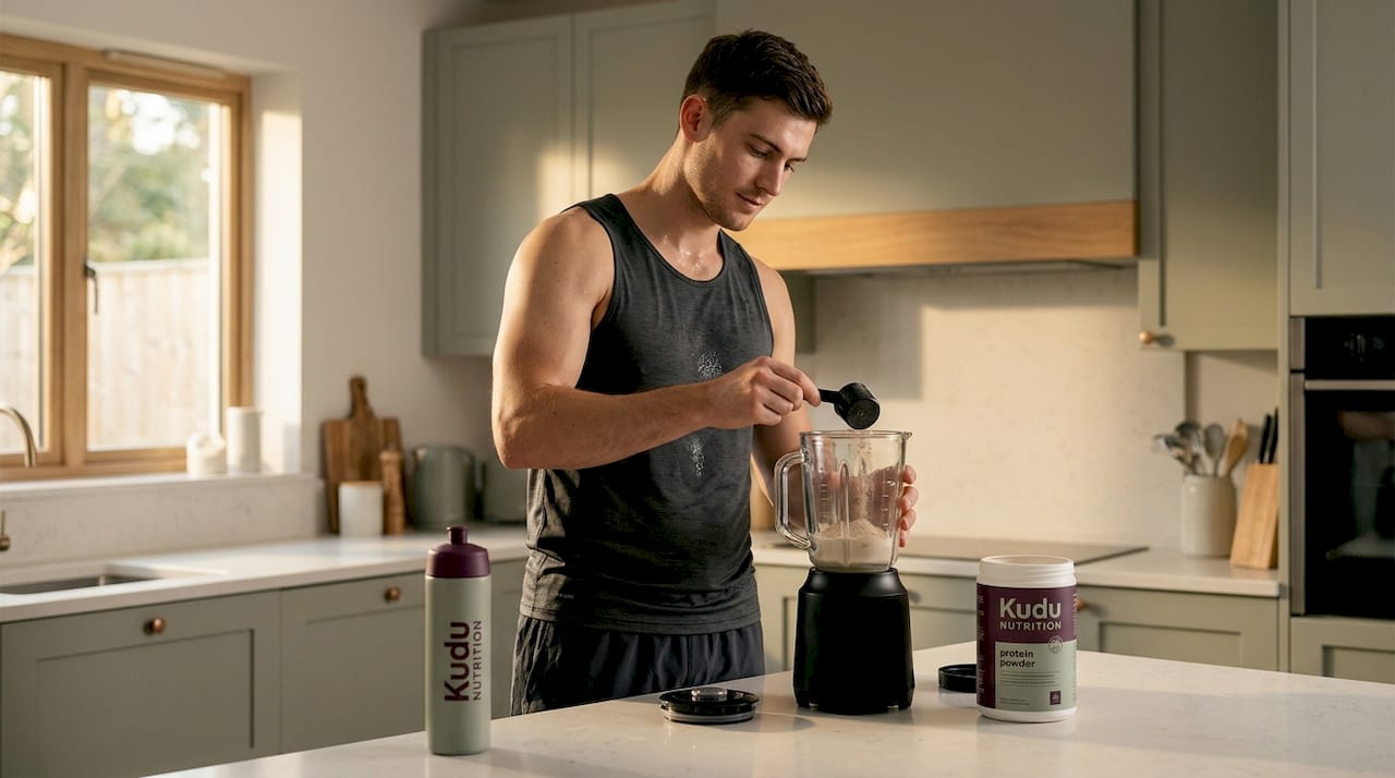 Athlete mixing protein shake in kitchen