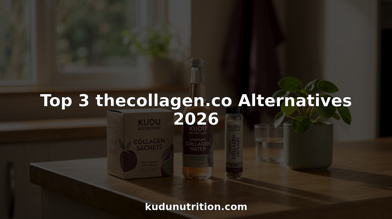 Three collagen supplement products on kitchen counter
