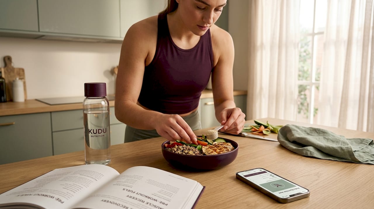 Athlete preparing sports nutrition meal in kitchen