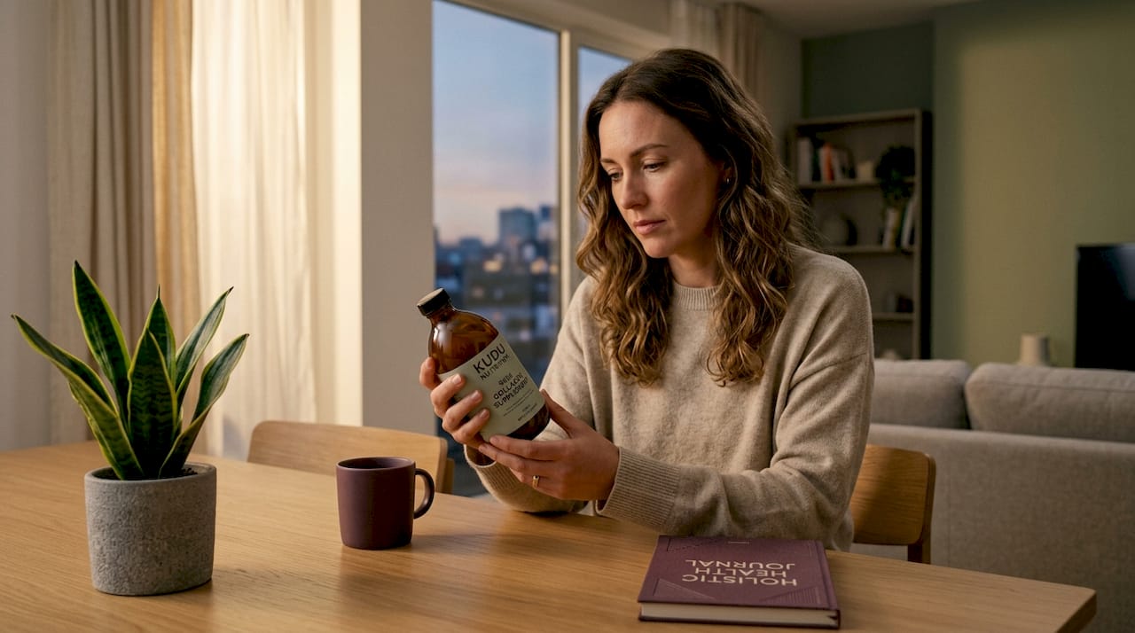 Woman reading skin supplement label at kitchen table