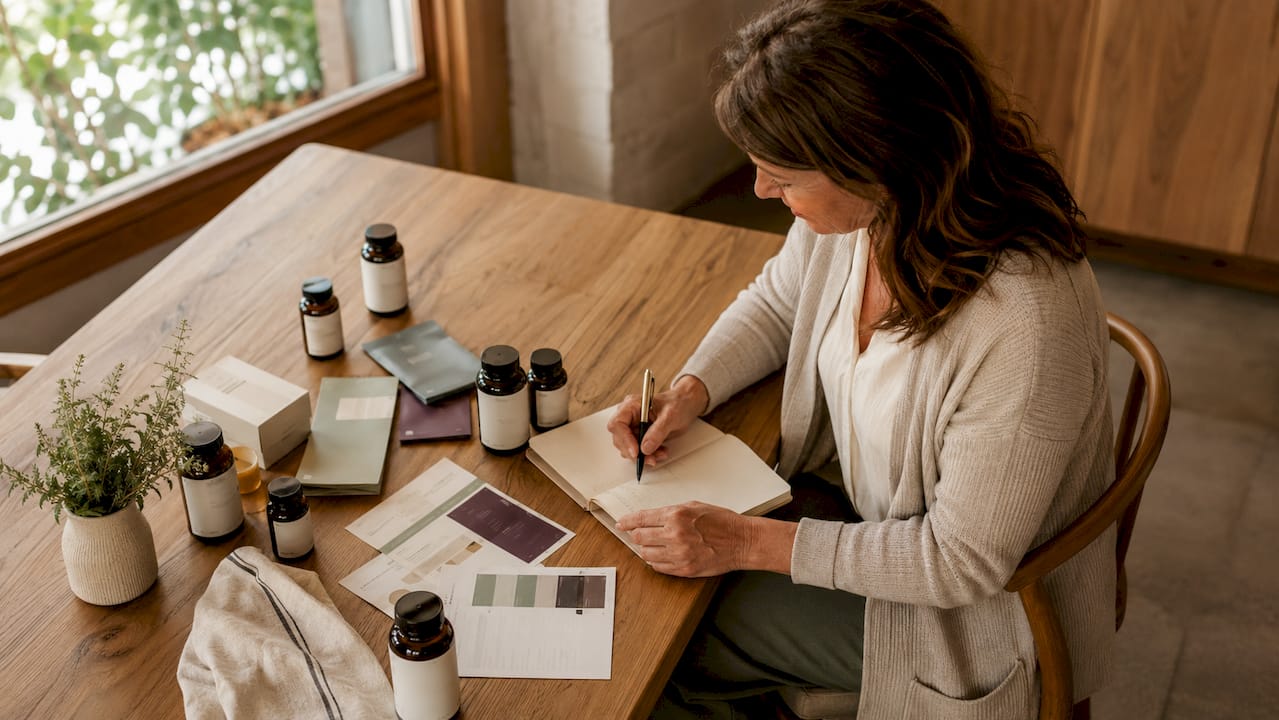 Woman reviewing bone supplement options at home